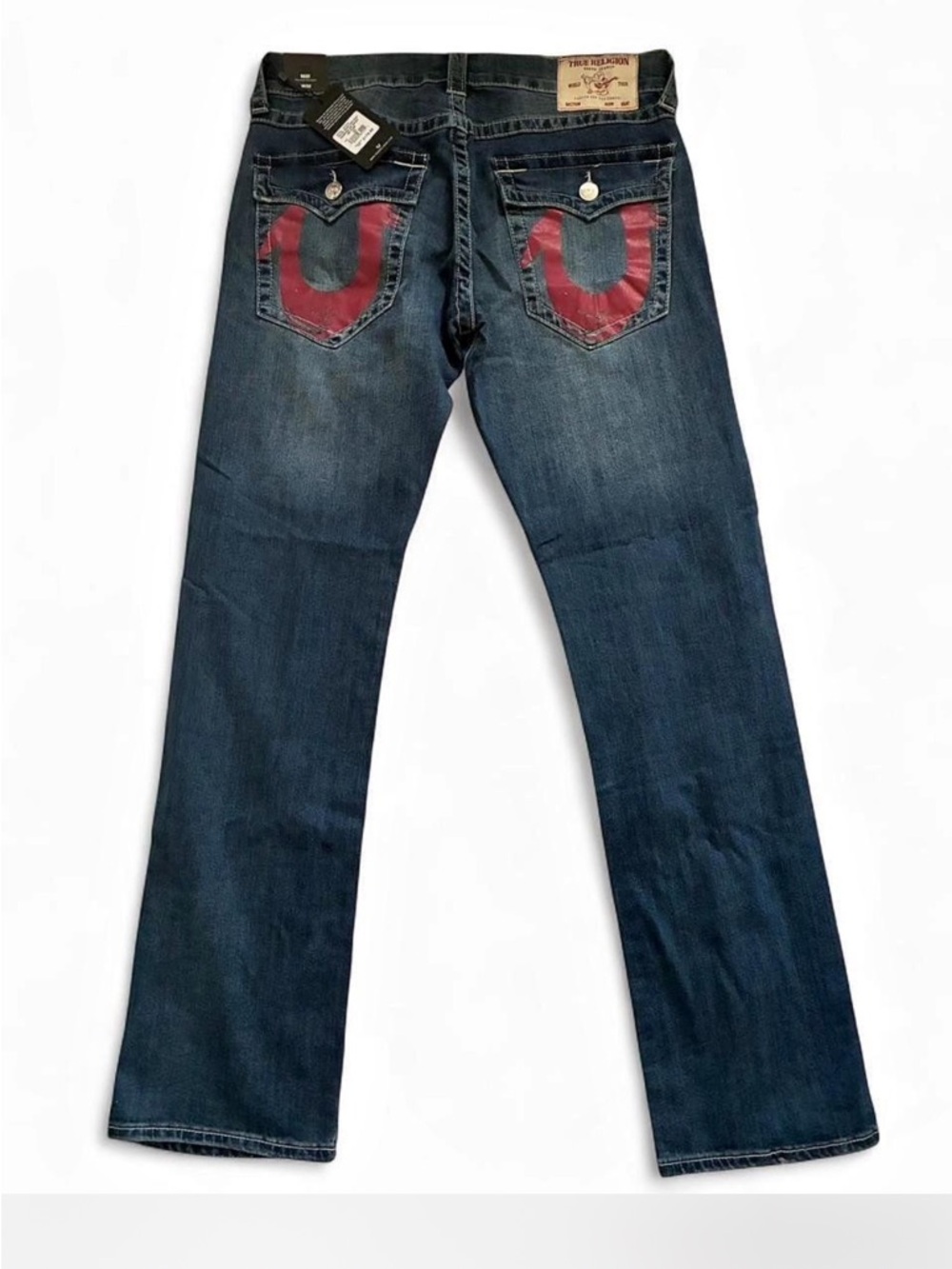 True Religion “Ricky” Relaxed Straight Leg Men’s Jeans with Painted Red Pocket